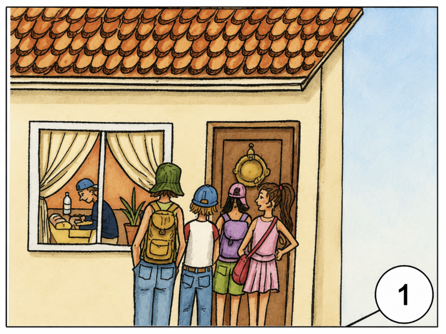 Kinder vor einem Haus mit Dach und Tür